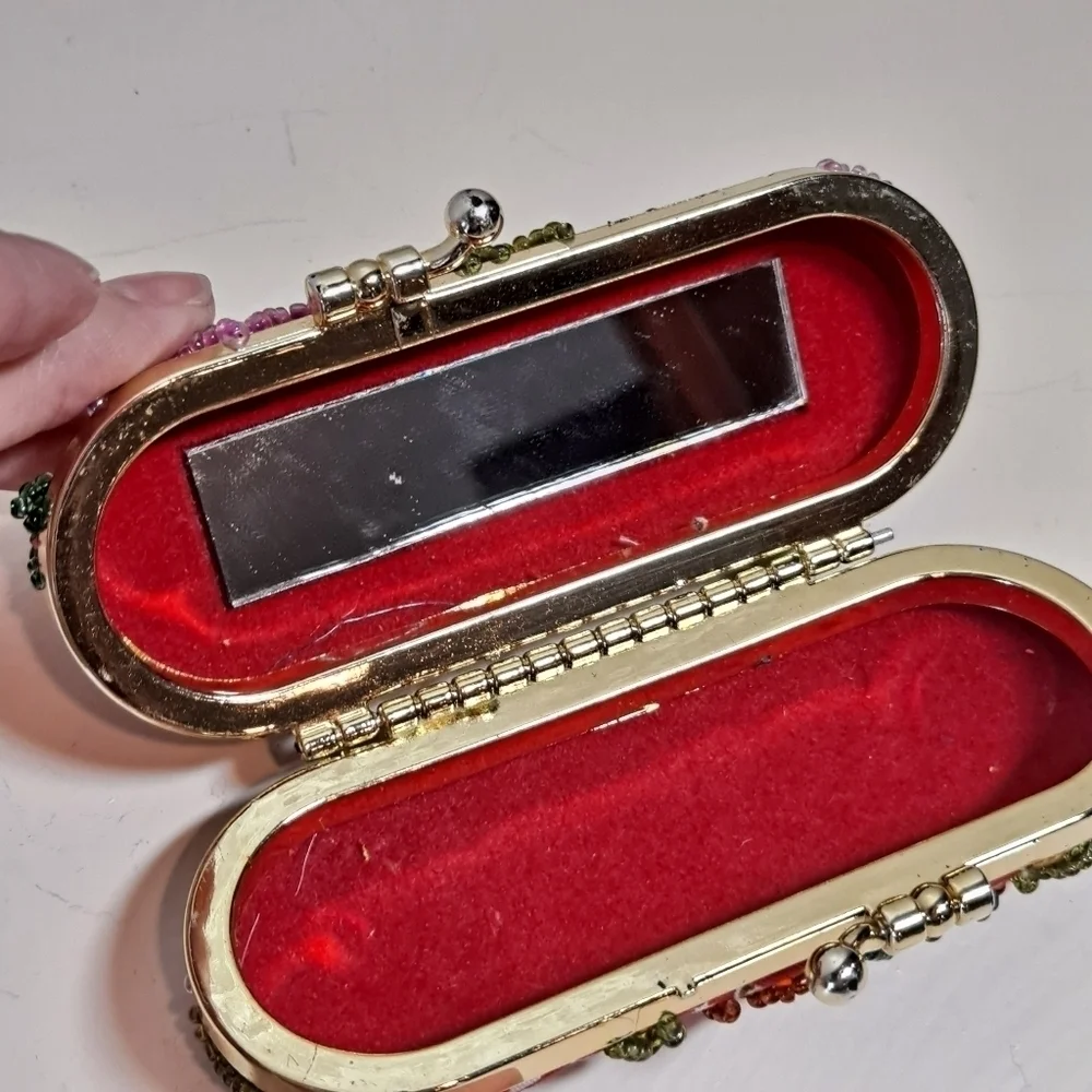 Hand Beaded Silk Pouch with Matching Lipstick Case Vintage EUC